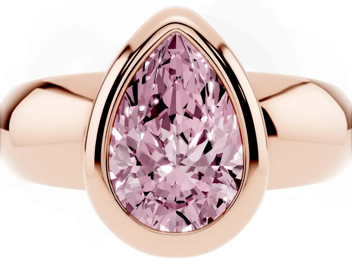Fancy Pink Bezel Set Pear Cut Solitaire Ring with Wide Band Rose gold
