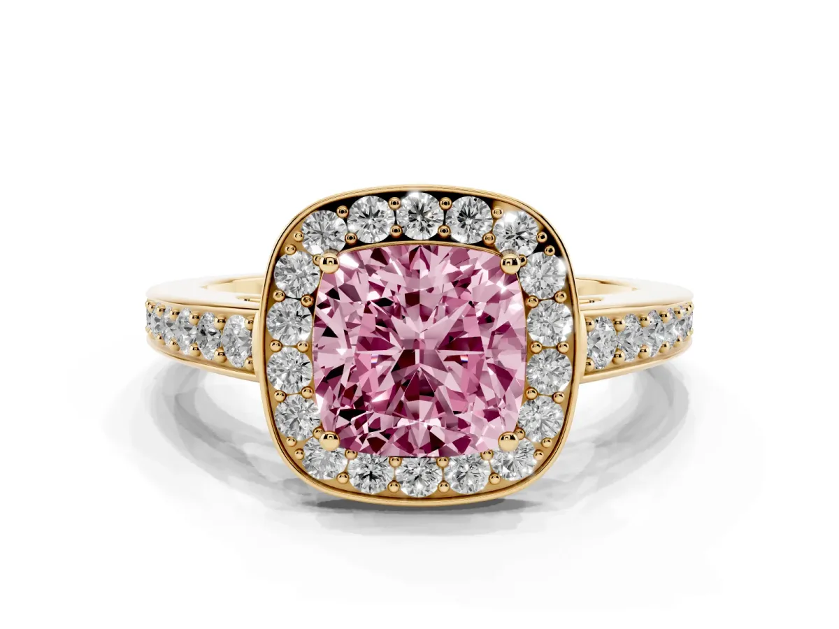 Fancy Pink Cushion Cut Halo Pavé Diamond Engagement Ring with Bezel Setting Yellow gold