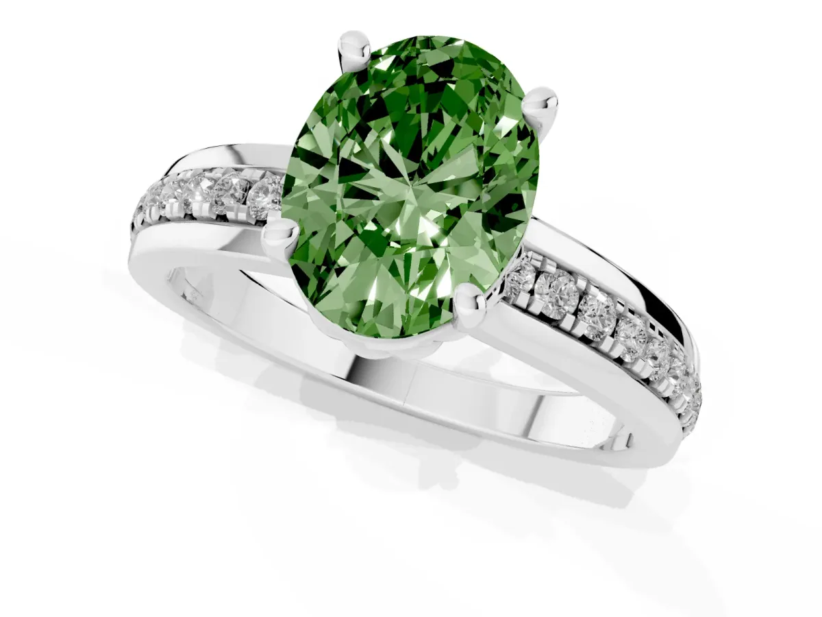 Fancy Green Oval Cut Solitaire Diamond Ring with Channel Set Band and Six-Prong Setting Silver