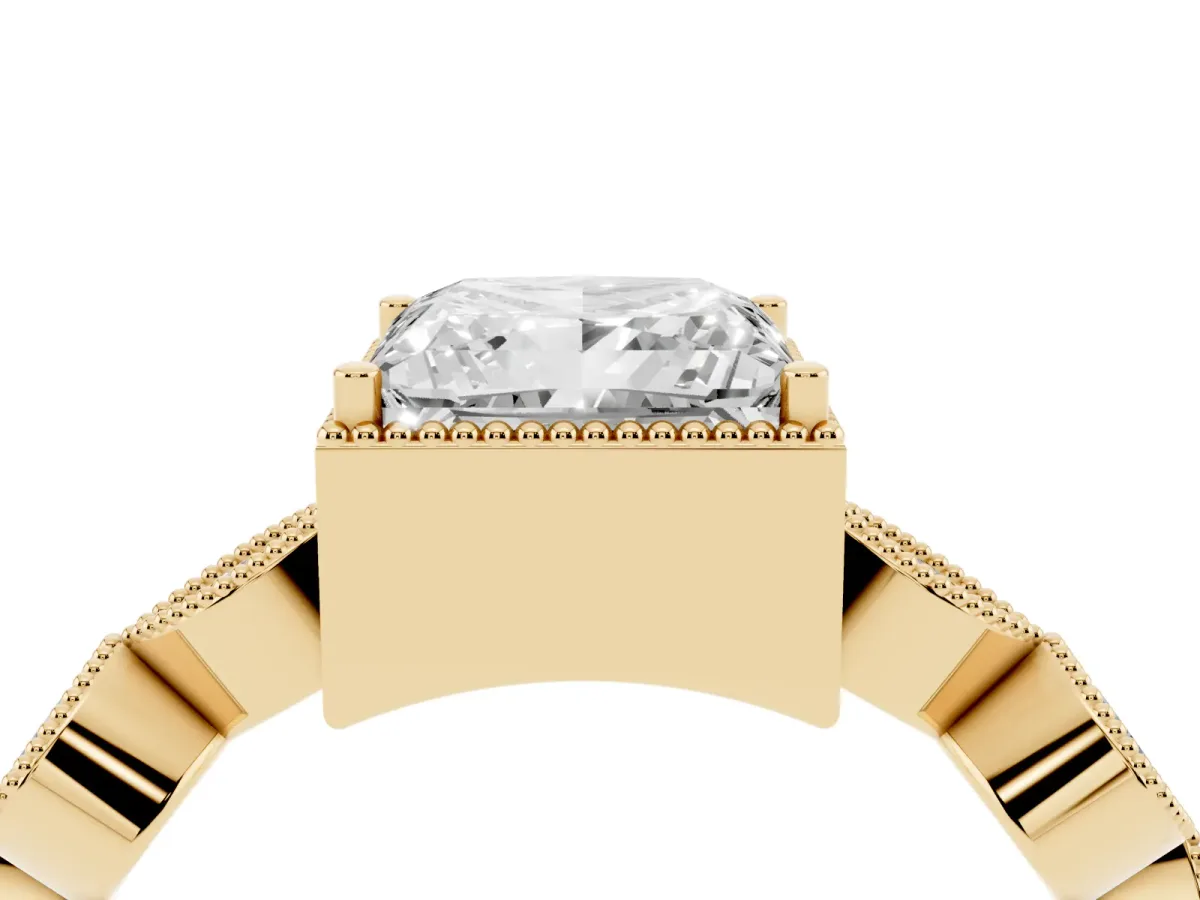 Princess Cut Diamond Vintage Milgrain Ring with Round Stations Yellow gold