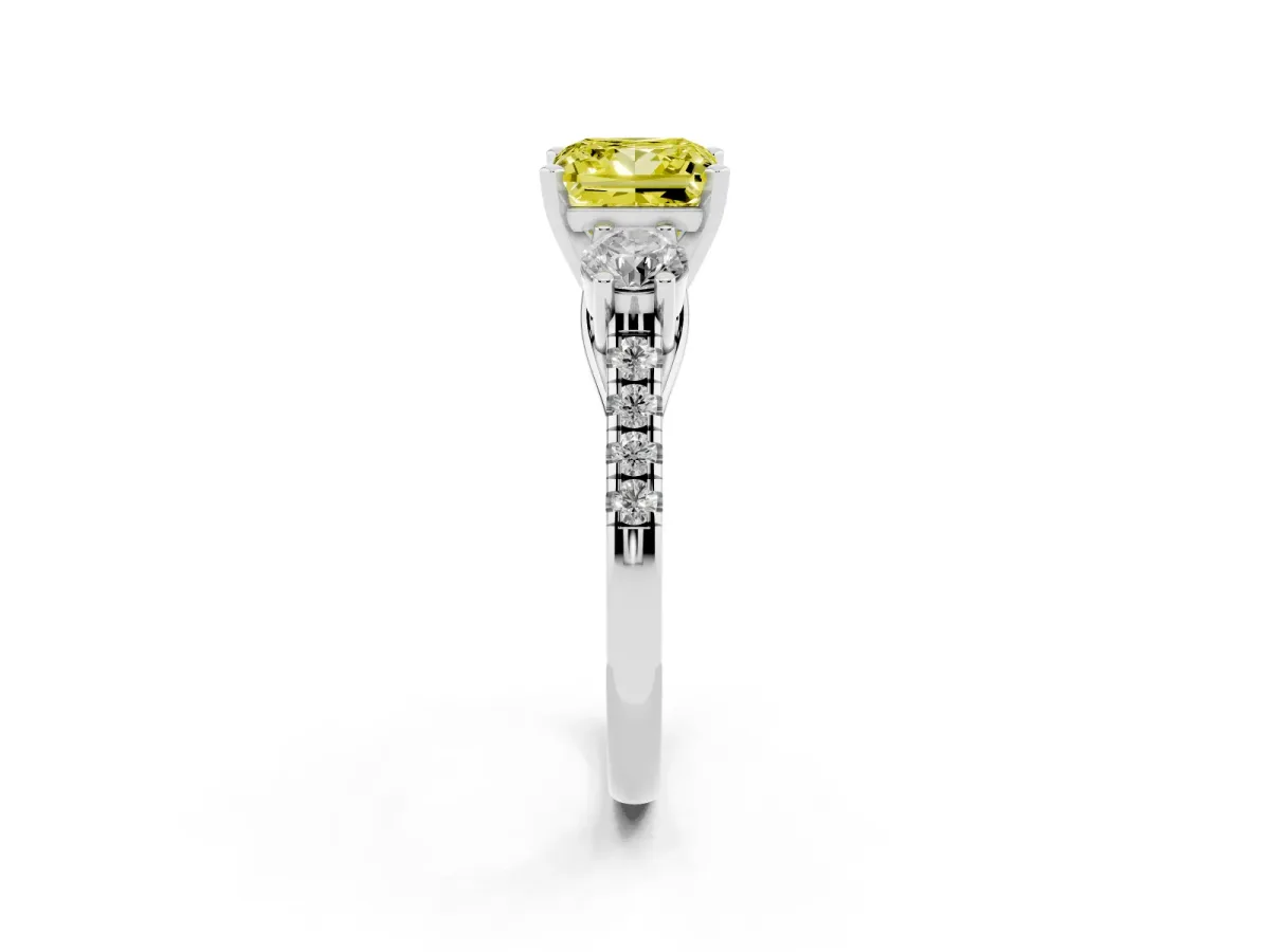 Fancy Yellow Three-Stone Princess Cut Diamond Pavé Band with Four-Prong Setting Silver