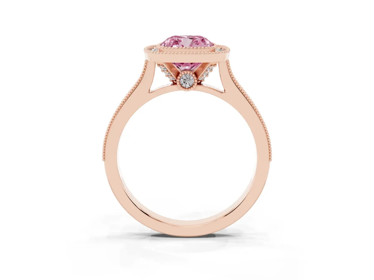 Fancy Pink Halo Cushion Cut-Cut Diamond Pave Band Milgrain Prong Setting Ring Rose gold
