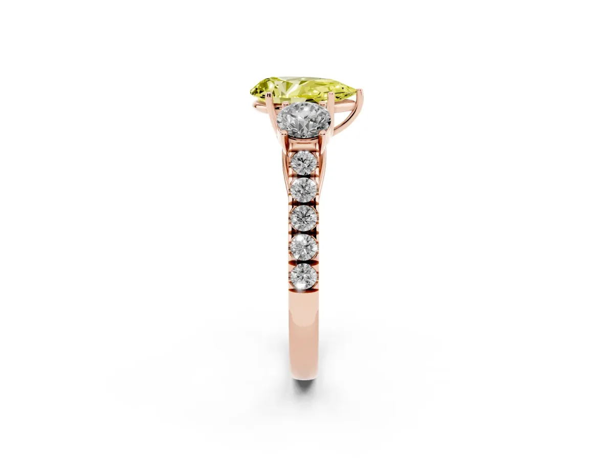 Fancy Yellow Pear Cut Cut Diamond Three-Stone Ring with Round Side Stones and Pavé Band Rose gold