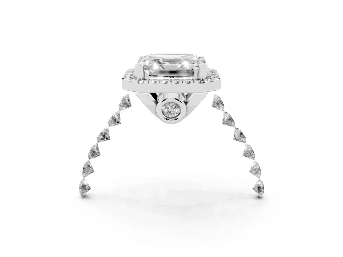 Asscher Cut Halo Pavé Diamond Engagement Ring with Four-Prong Setting Silver