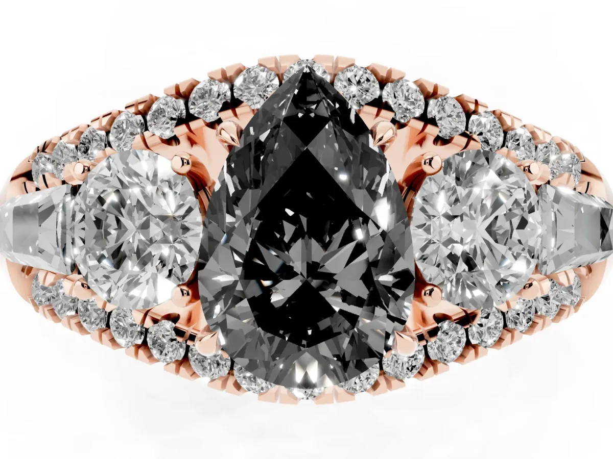 Fancy Black Three-Stone Pear Cut Diamond Engagement Ring with Pave Band and Prong Setting Rose gold
