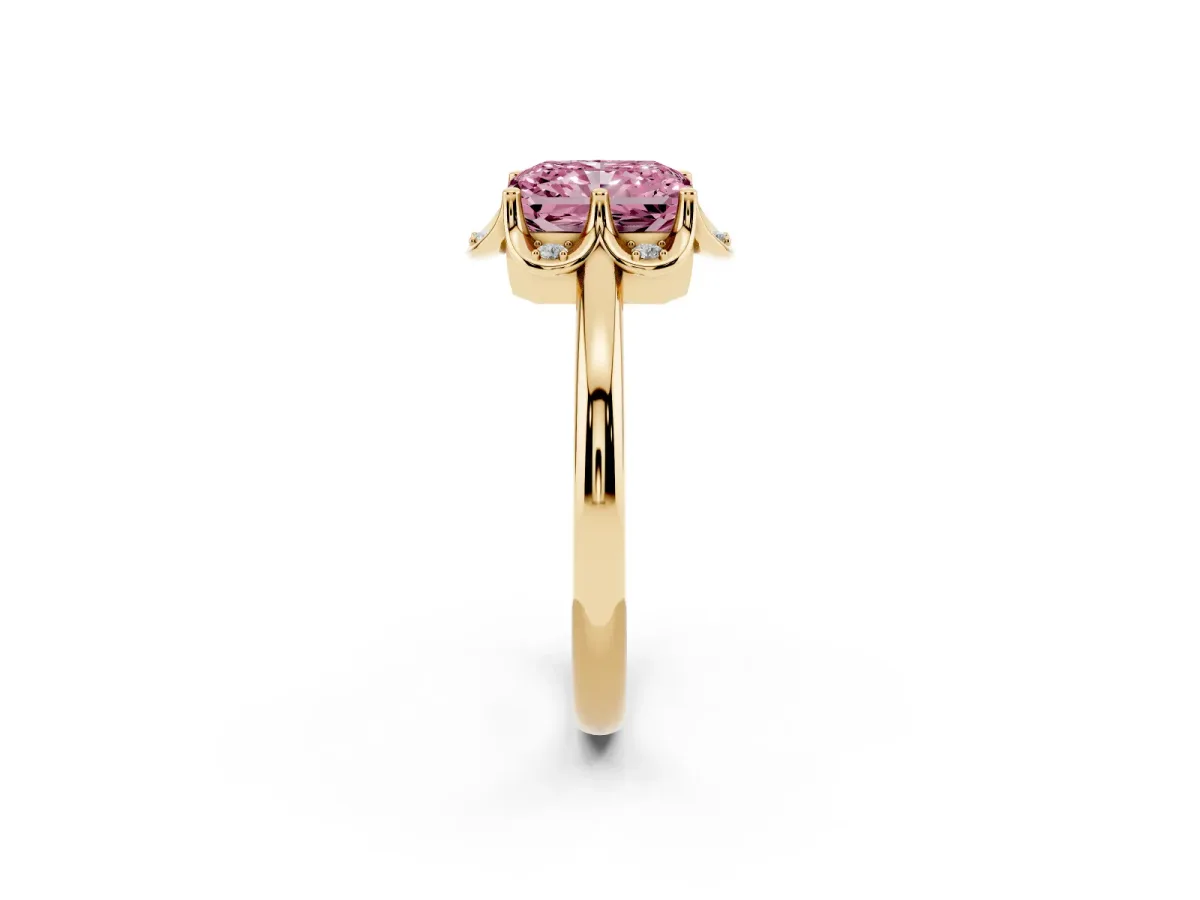 Fancy Pink Radiant Cut Halo Diamond Ring with Round Cluster Setting, Solitaire Band, and Four-Prong Setting Yellow gold