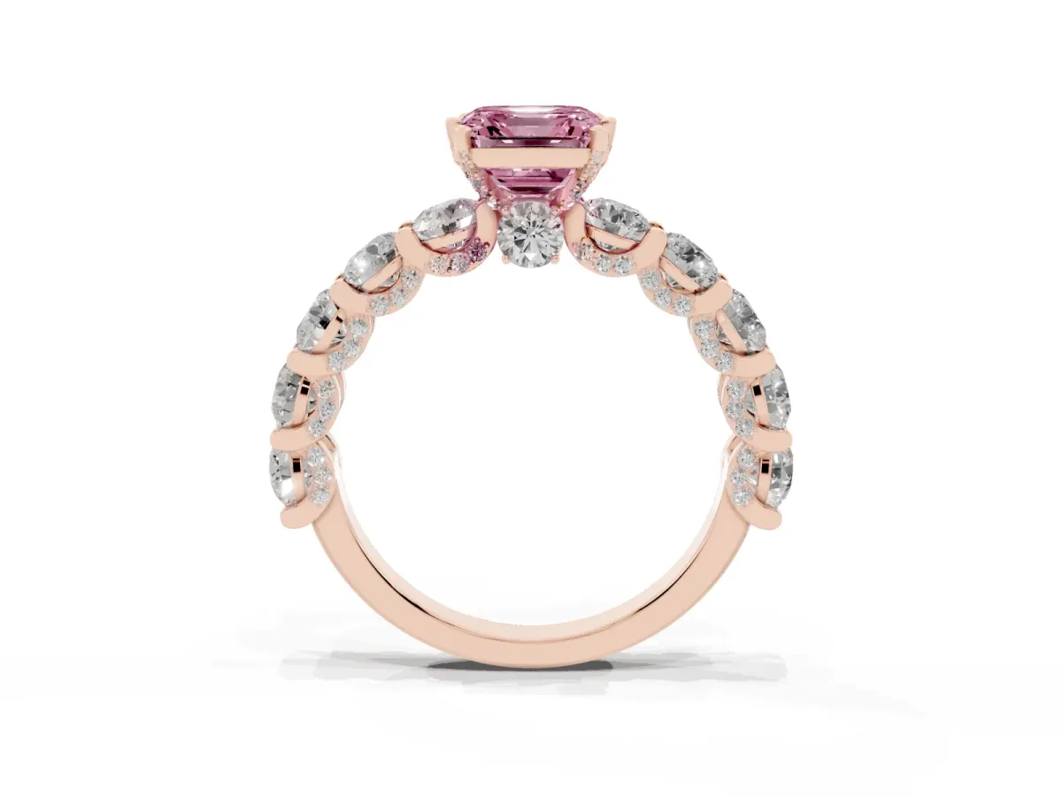 Fancy Pink Asscher Cut Diamond Side Stone Engagement Ring with Four-Prong Setting Rose gold