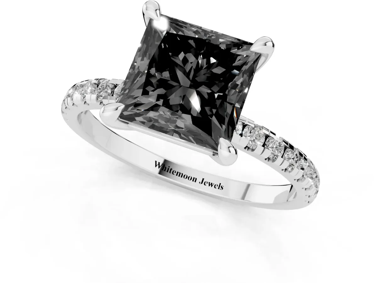 Fancy Black Princess Cut Diamond Brilliant Solitaire Ring with Pavé Band and Four-Prong Setting White gold