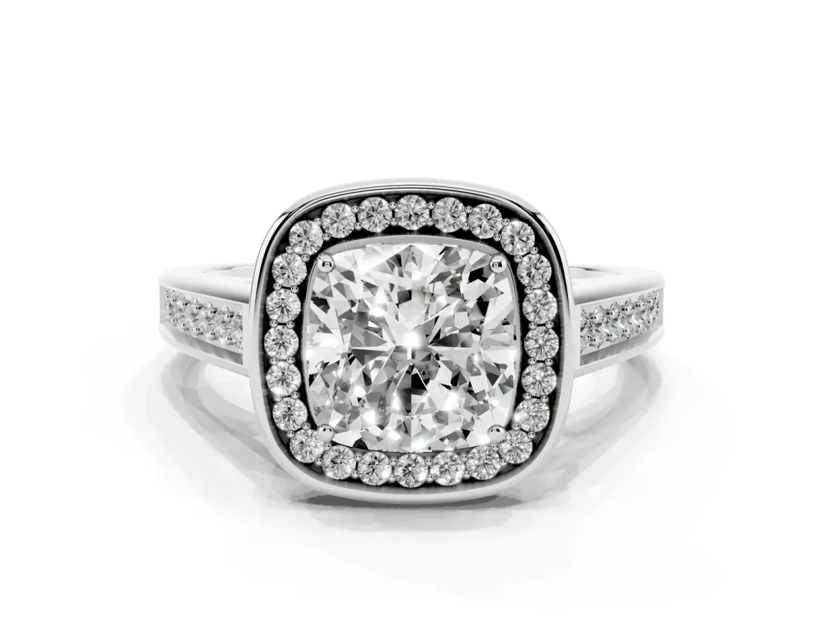 Cushion Cut Halo Solitaire Diamond Ring with Pave Band and Bezel Setting Silver