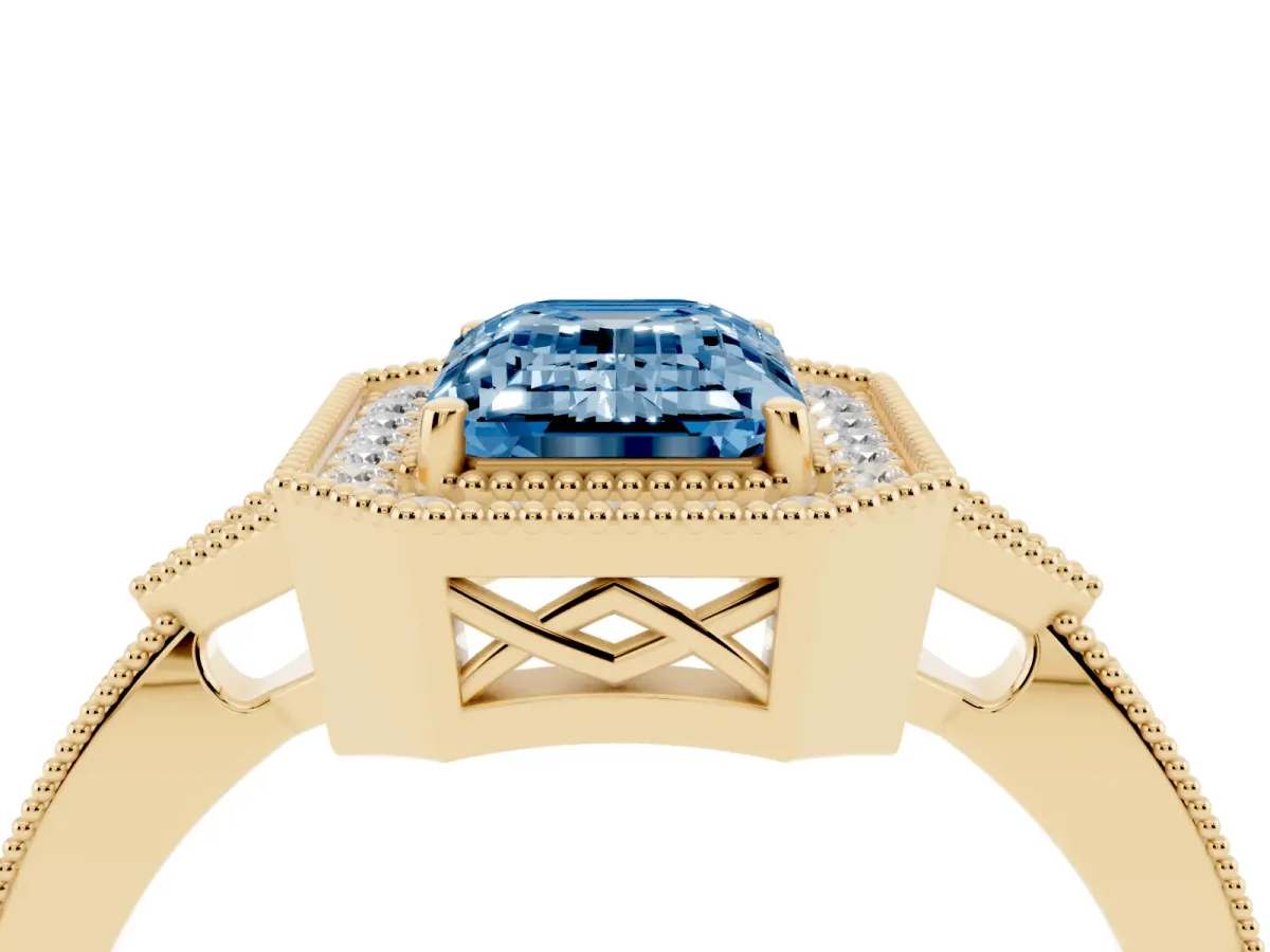 Fancy Blue Emerald Cut Halo Round Diamond Milgrain Pave Engagement Ring Yellow gold