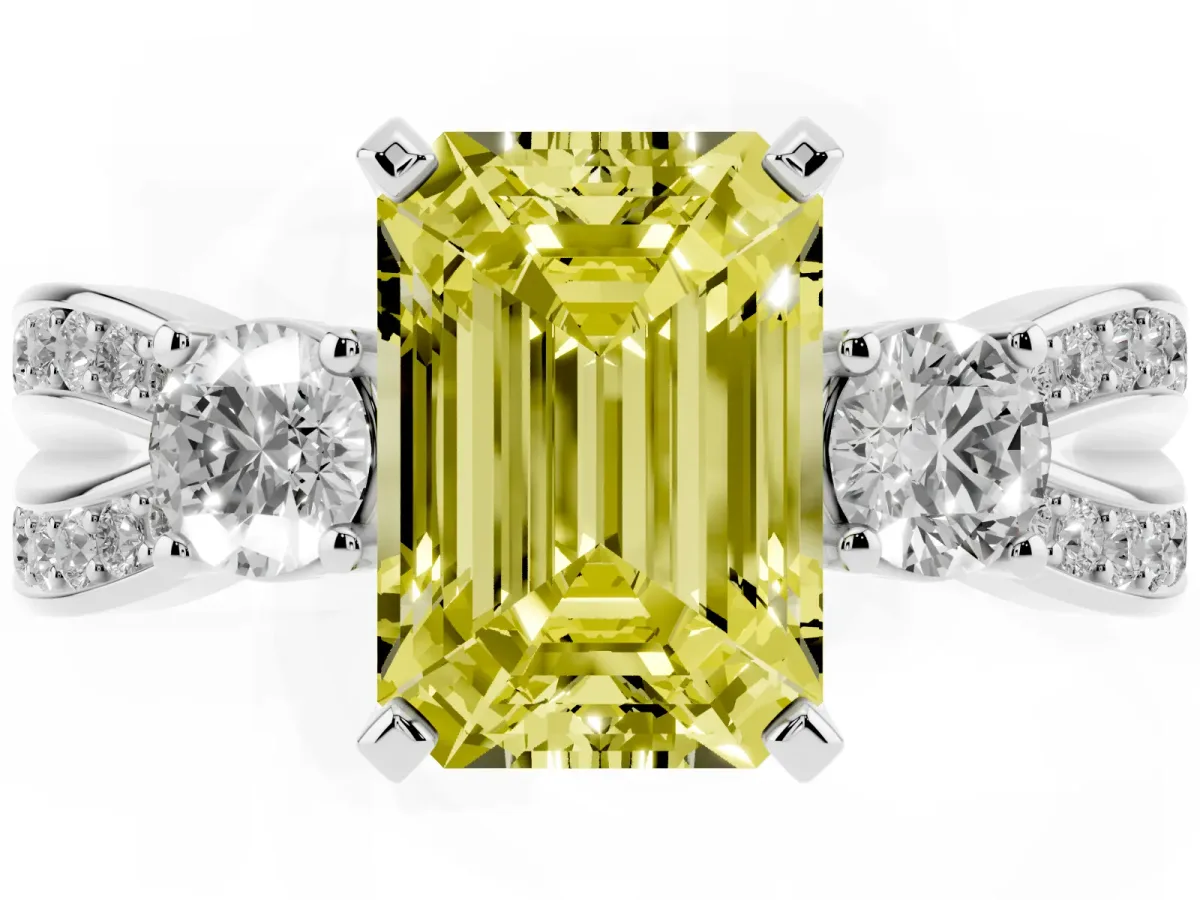 Fancy Yellow Three-Stone Emerald Cut Cut Diamond Twist Band with Prong Setting Platinum