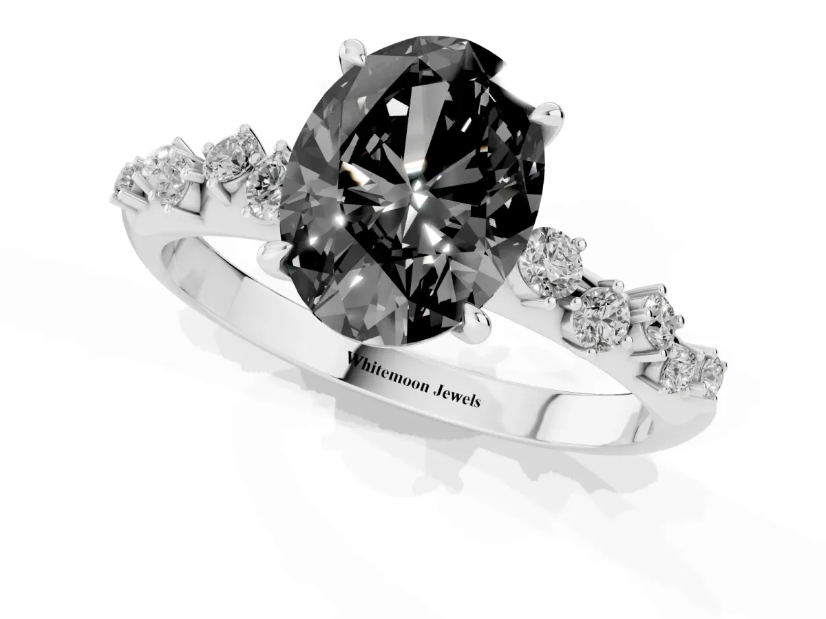 Fancy Black Oval Cut Diamond Cluster Side Stone Solitaire Ring with Prong Setting Platinum