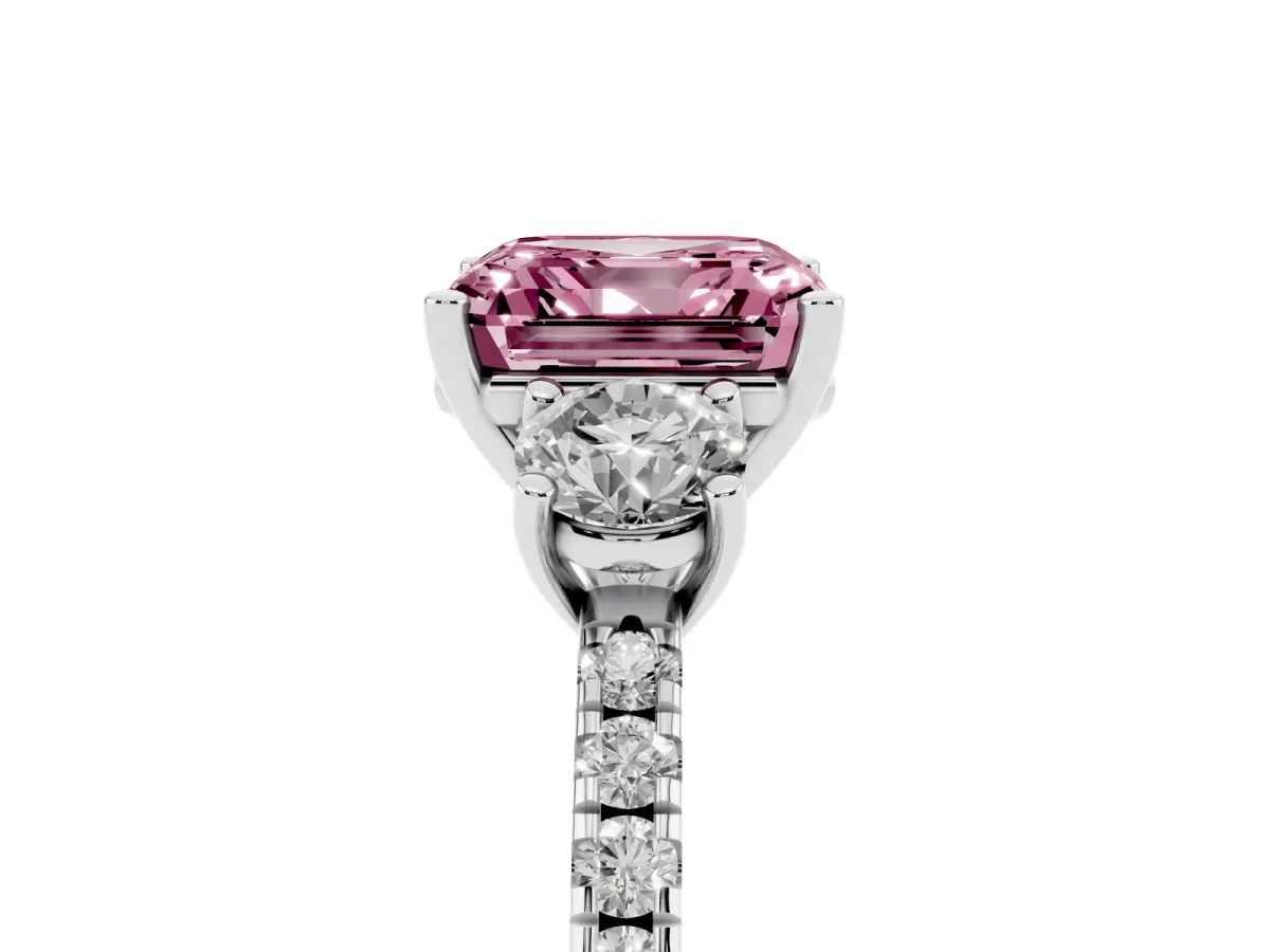 Fancy Pink Three-Stone Asscher Cut Cut Diamond Pavé Band with Prong Setting Silver
