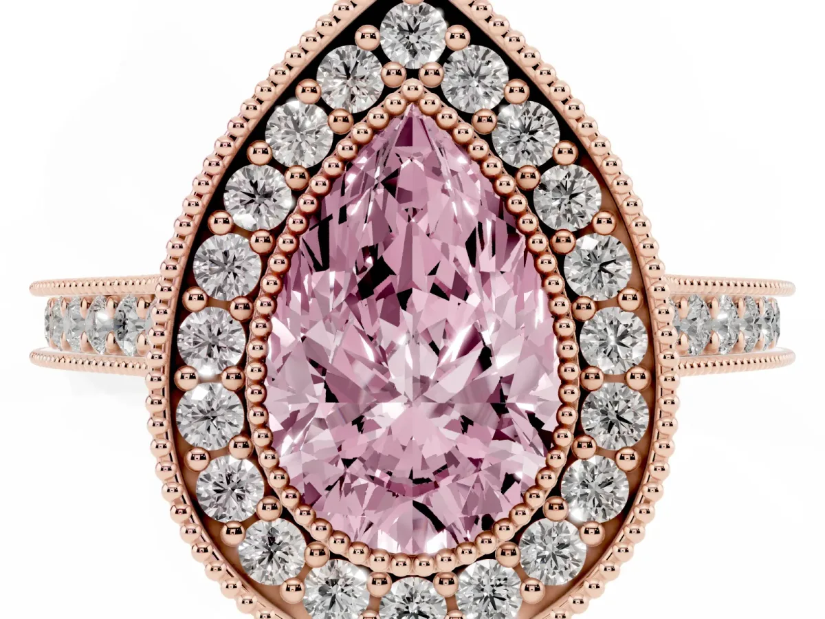Fancy Pink Halo Pear Cut-Cut Diamond Pave Band Milgrain Prong Setting Ring Rose gold