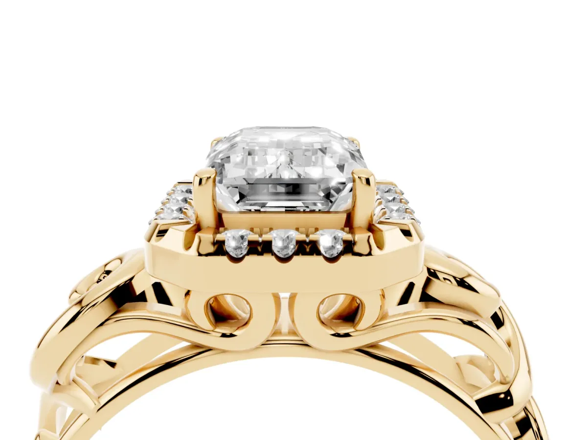 Emerald Cut Cut Halo Diamond Ring with Scrollwork Band and Four-Prong Setting Yellow gold
