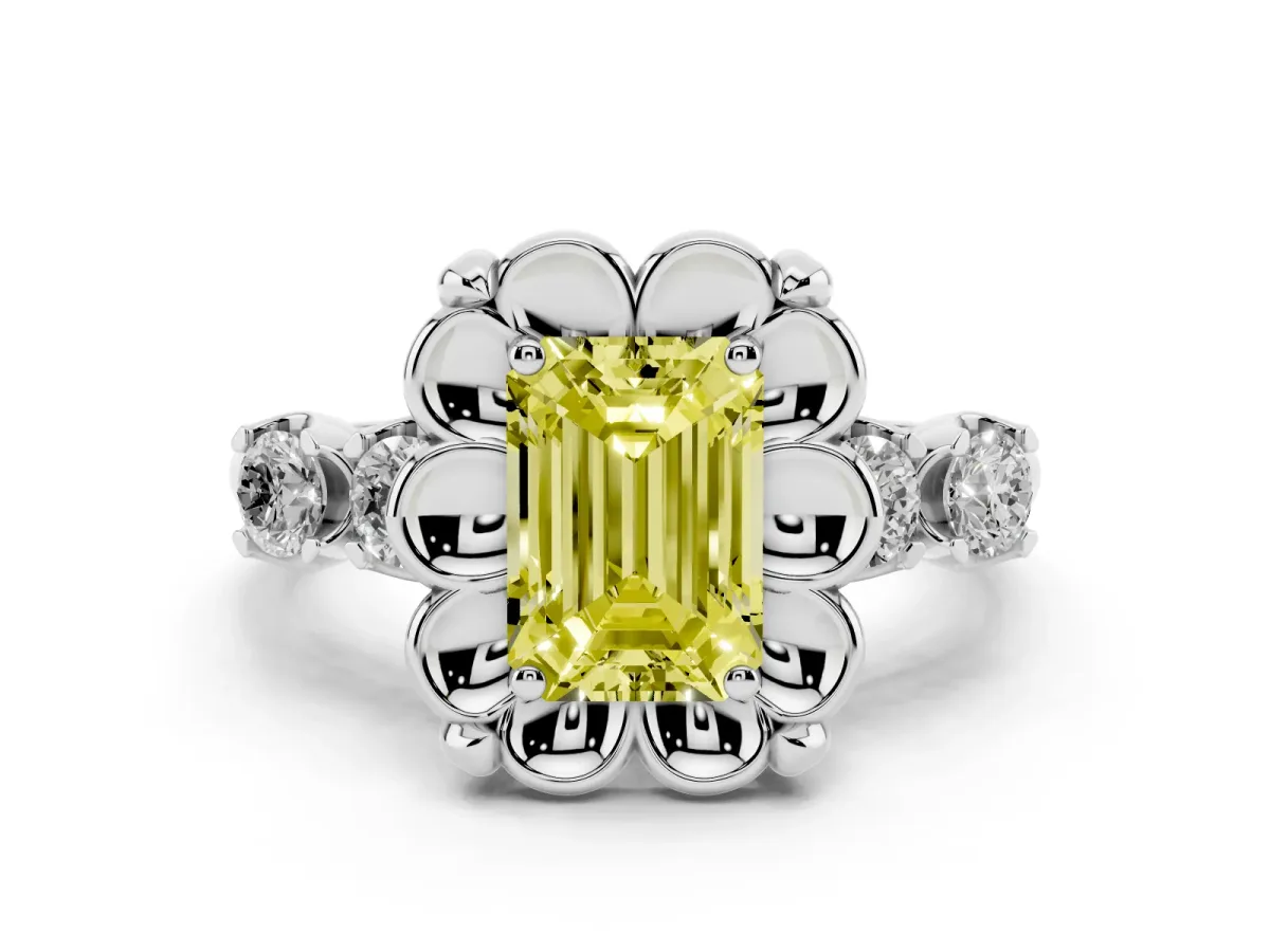 Fancy Yellow Emerald Cut Cut Diamond Floral Halo Engagement Ring with Shared Prong Setting Silver