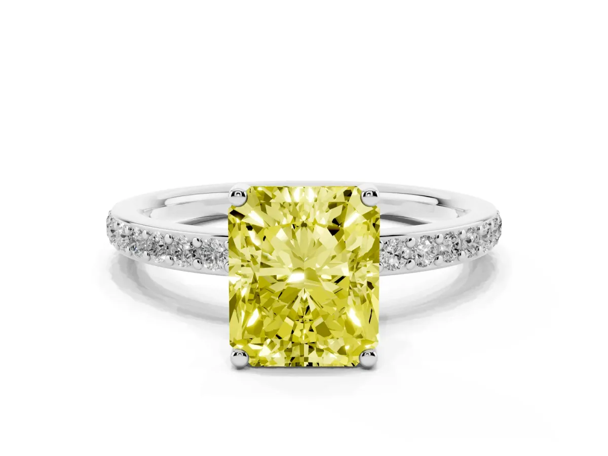 Fancy Yellow Radiant Cut Cut Diamond Pavé Band Ring with Four-Prong Setting Silver