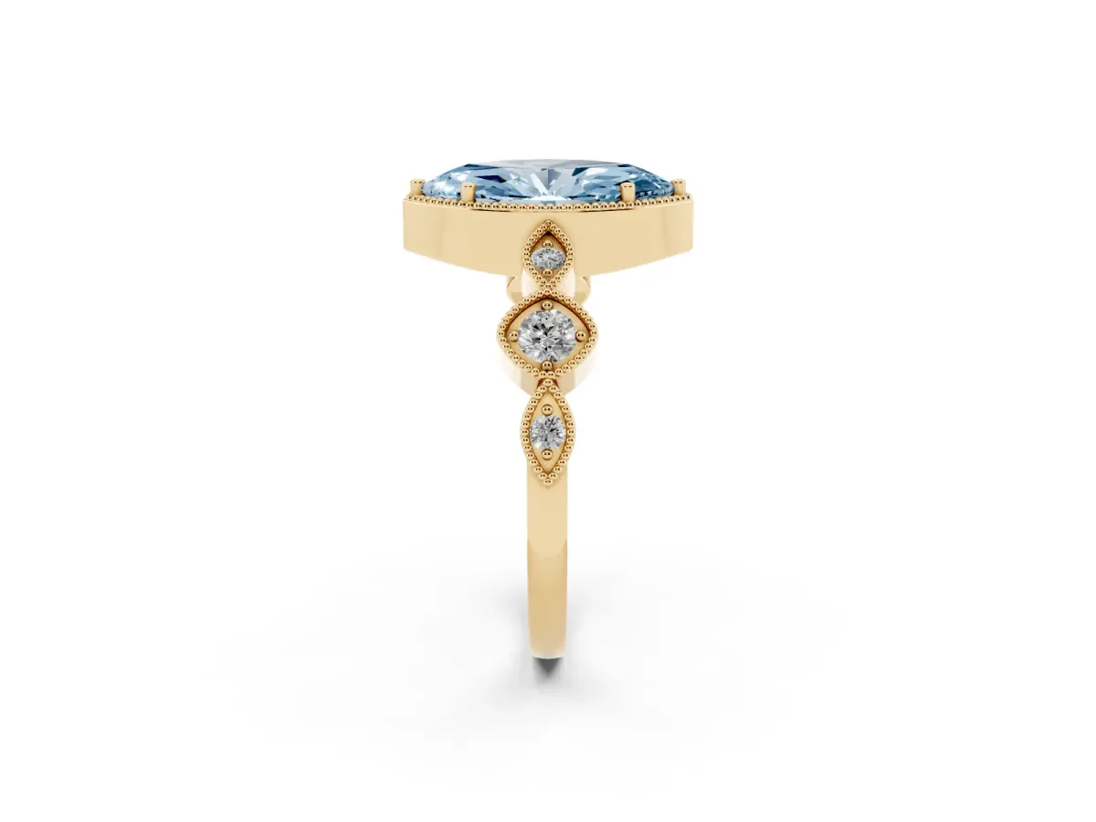 Fancy Blue Marquise Cut Diamond Vintage Milgrain Ring with Round Stations Yellow gold