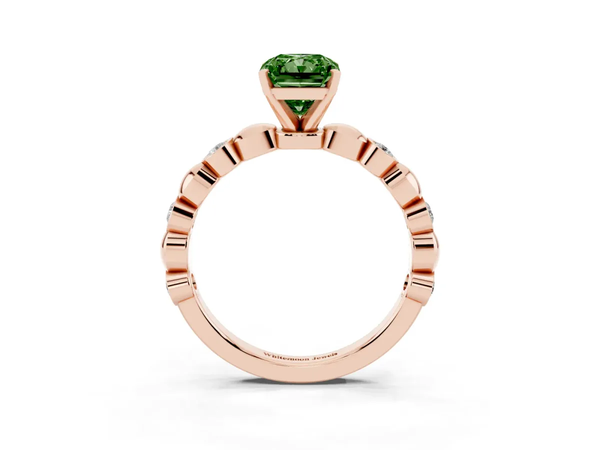 Fancy Green Radiant Cut Solitaire Bezel-Set Diamond Ring with Beaded Band and Four-Prong Setting Rose gold
