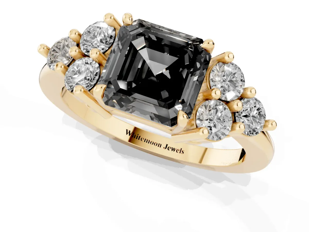 Fancy Black Asscher Cut Brilliant Diamond Cluster Accent Solitaire Ring with Prong Setting Yellow gold