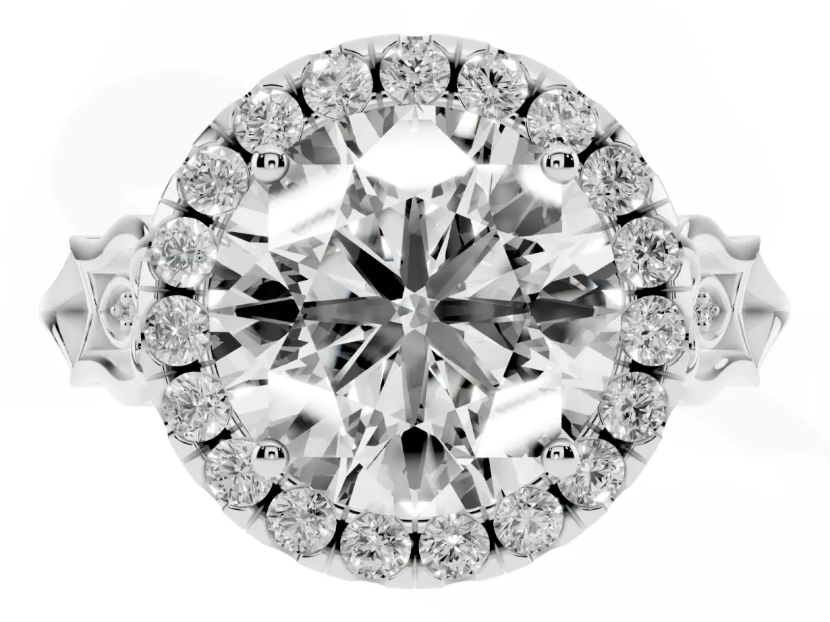 Round Cut Halo Diamond Engagement Ring with Filigree Band and Four-Prong Setting White gold