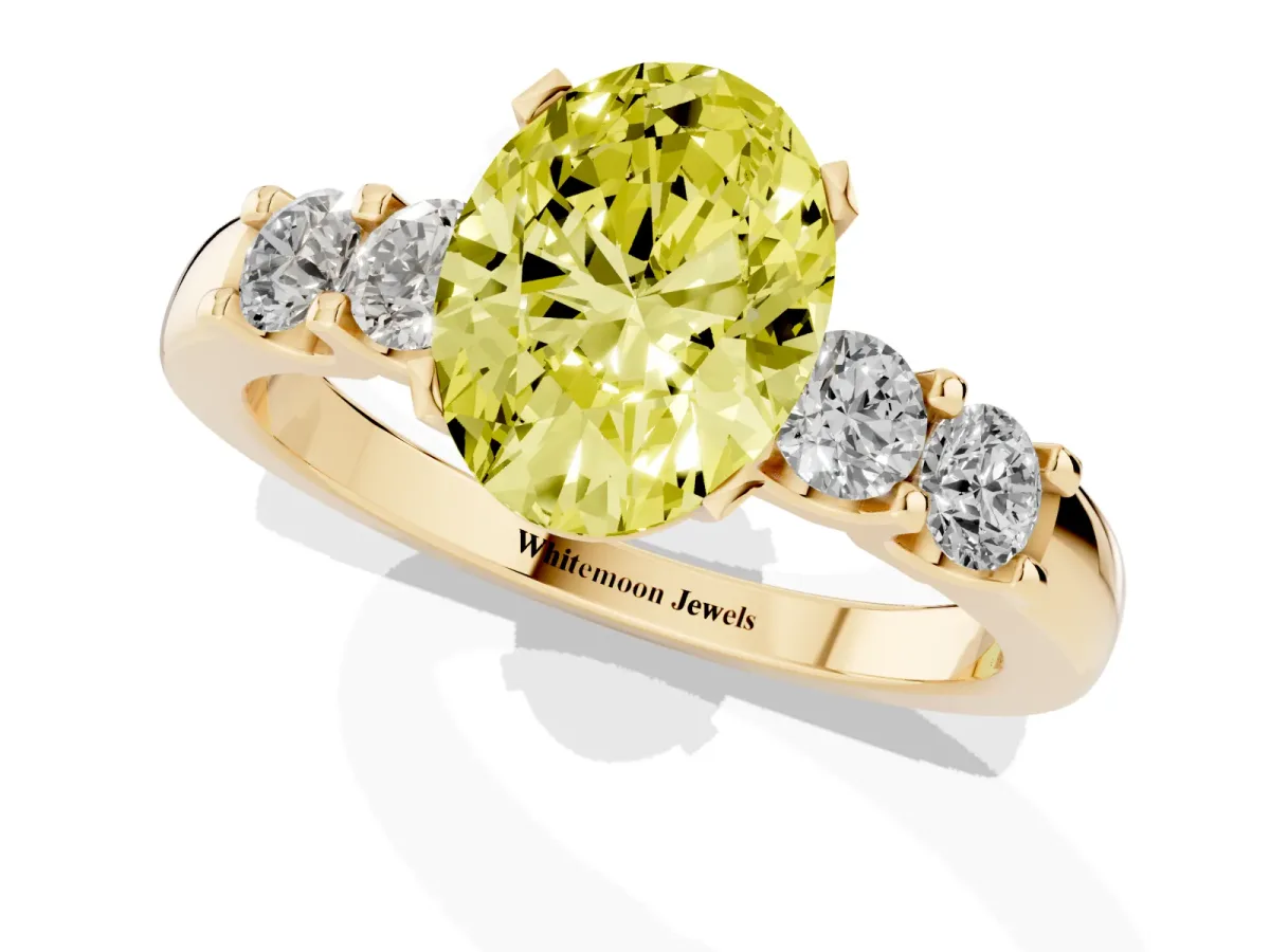Fancy Yellow Oval Cut Brilliant Cut Diamond Five-Stone Prong Set Engagement Ring with Channel Band Yellow gold