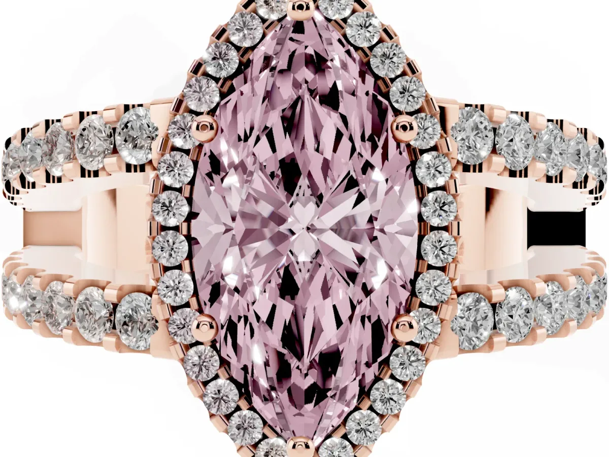 Fancy Pink Marquise Cut Cut Halo Split Shank Diamond Ring with Four-Prong Setting Rose gold