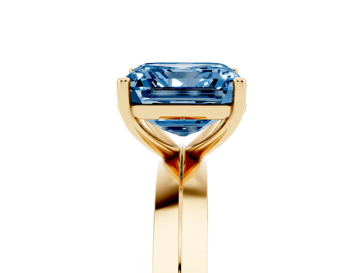Fancy Blue Asscher Cut Cut Solitaire Engagement Ring with Flat Band and Four-Prong Setting Yellow gold