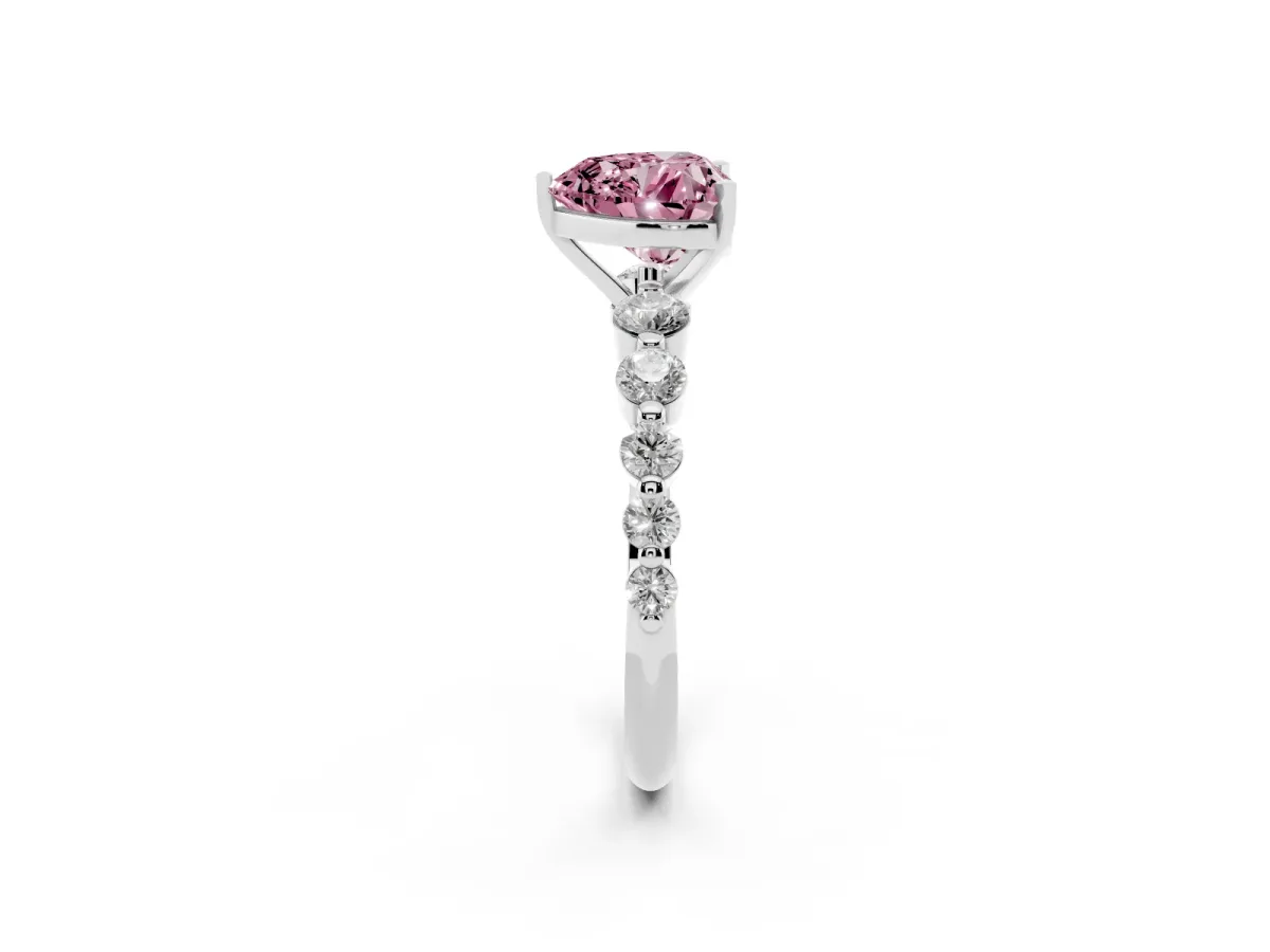 Fancy Pink Heart Cut Solitaire Diamond Ring with Pave Band and Four-Prong Setting Silver