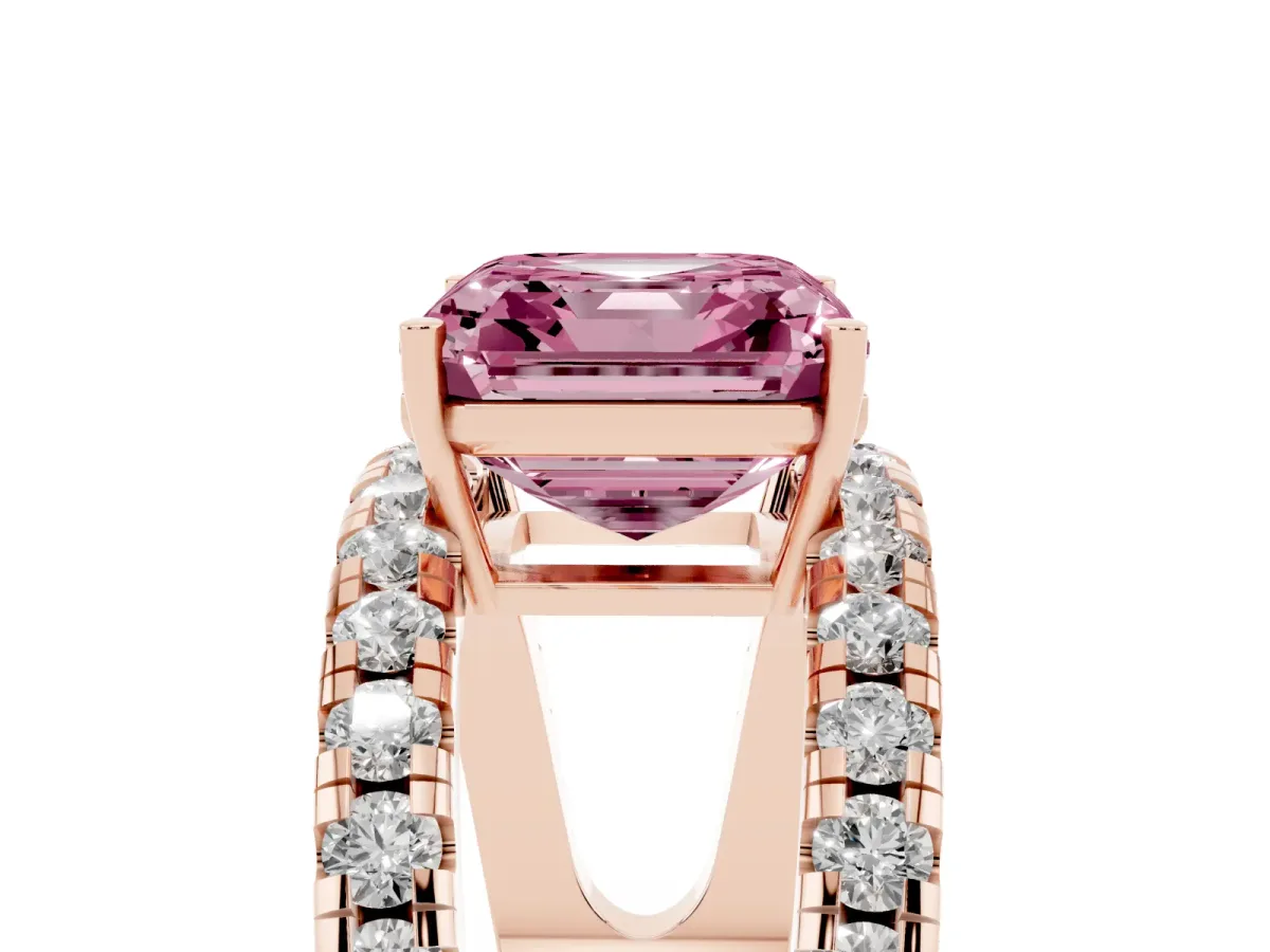 Fancy Pink Asscher Cut Solitaire Split Shank Pave Diamond Ring Rose gold