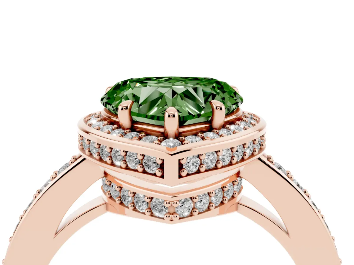 Fancy Green Heart Cut Halo Pave Band Solitaire Ring with Prong Setting Rose gold