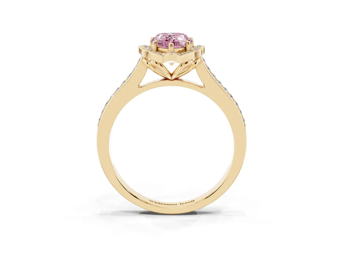 Fancy Pink Pear Cut Halo Round Diamond Pave Band with Four-Prong Setting Yellow gold