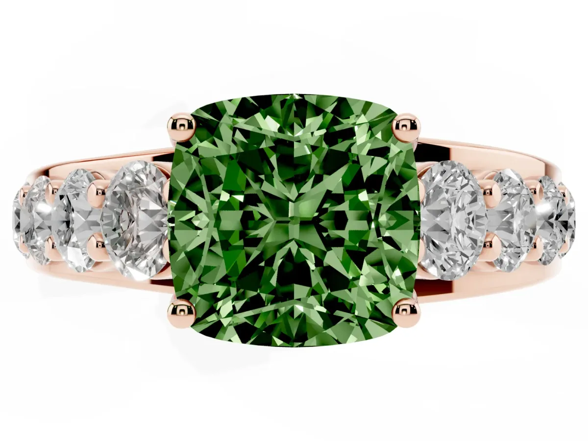 Fancy Green Cushion Cut Diamond Engagement Ring with Pavé Band and Four-Prong Setting Rose gold