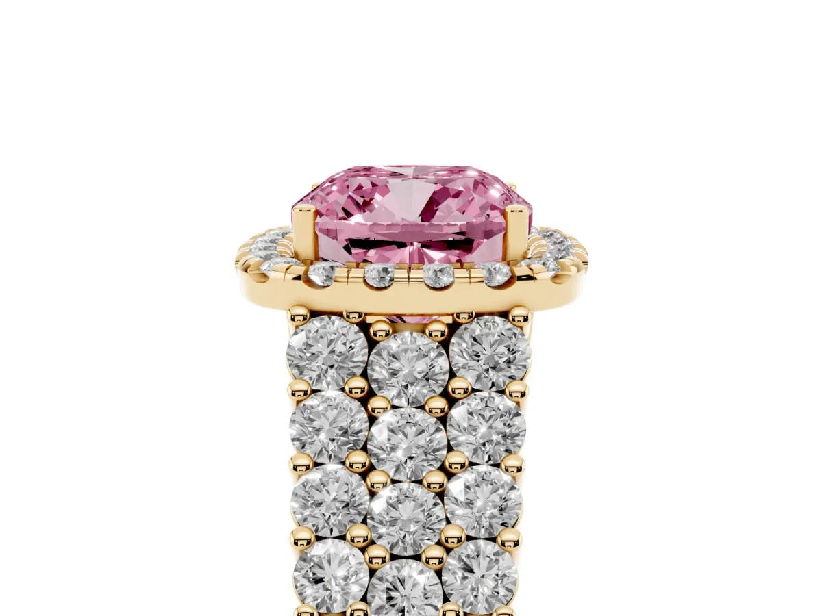 Fancy Pink Cushion Cut Diamond Halo Engagement Ring with Triple Row Round Pavé Band and Prong Setting Yellow gold