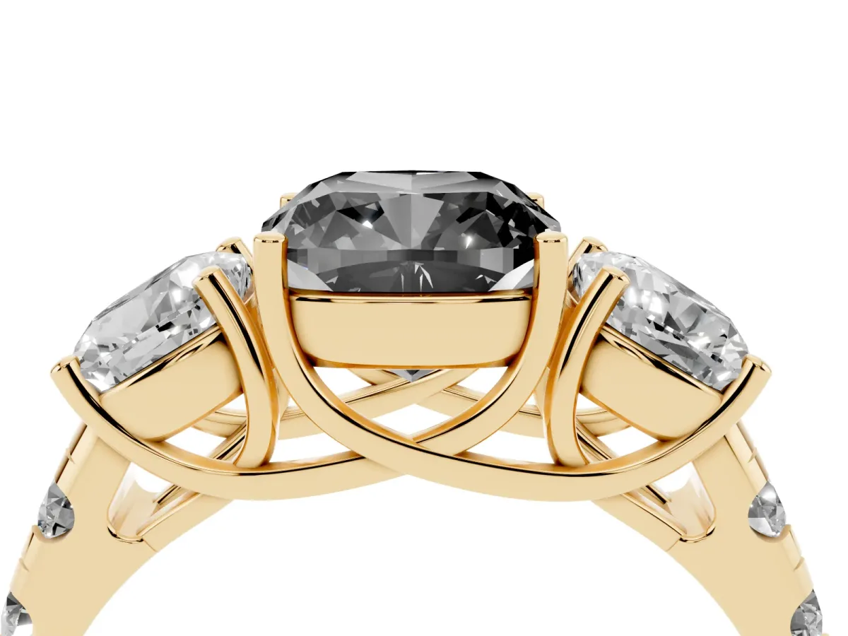 Fancy Black Three-Stone Cushion Cut Diamond Pavé Band with Prong Setting Yellow gold