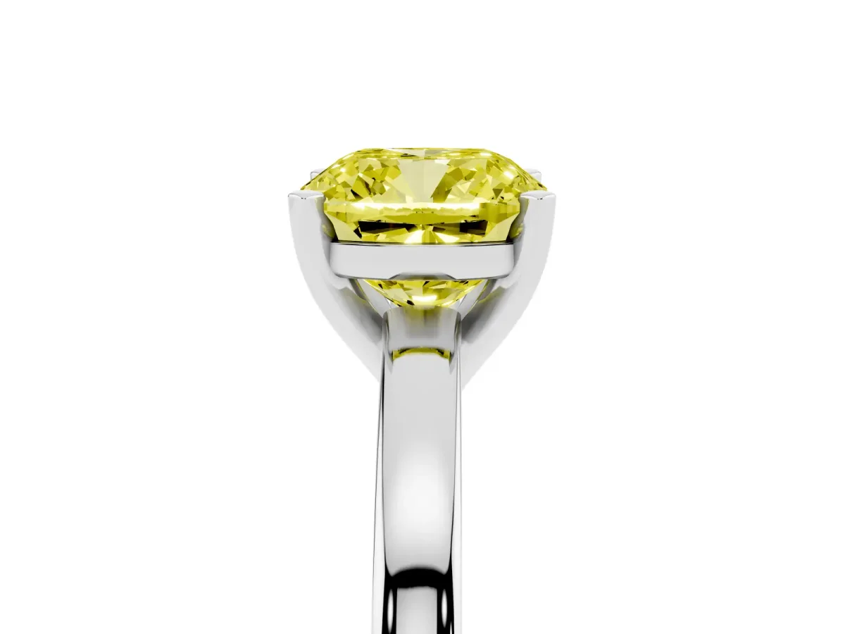 Fancy Yellow Cushion Cut Solitaire Diamond Engagement Ring with Four-Prong Setting on a Classic Band Silver