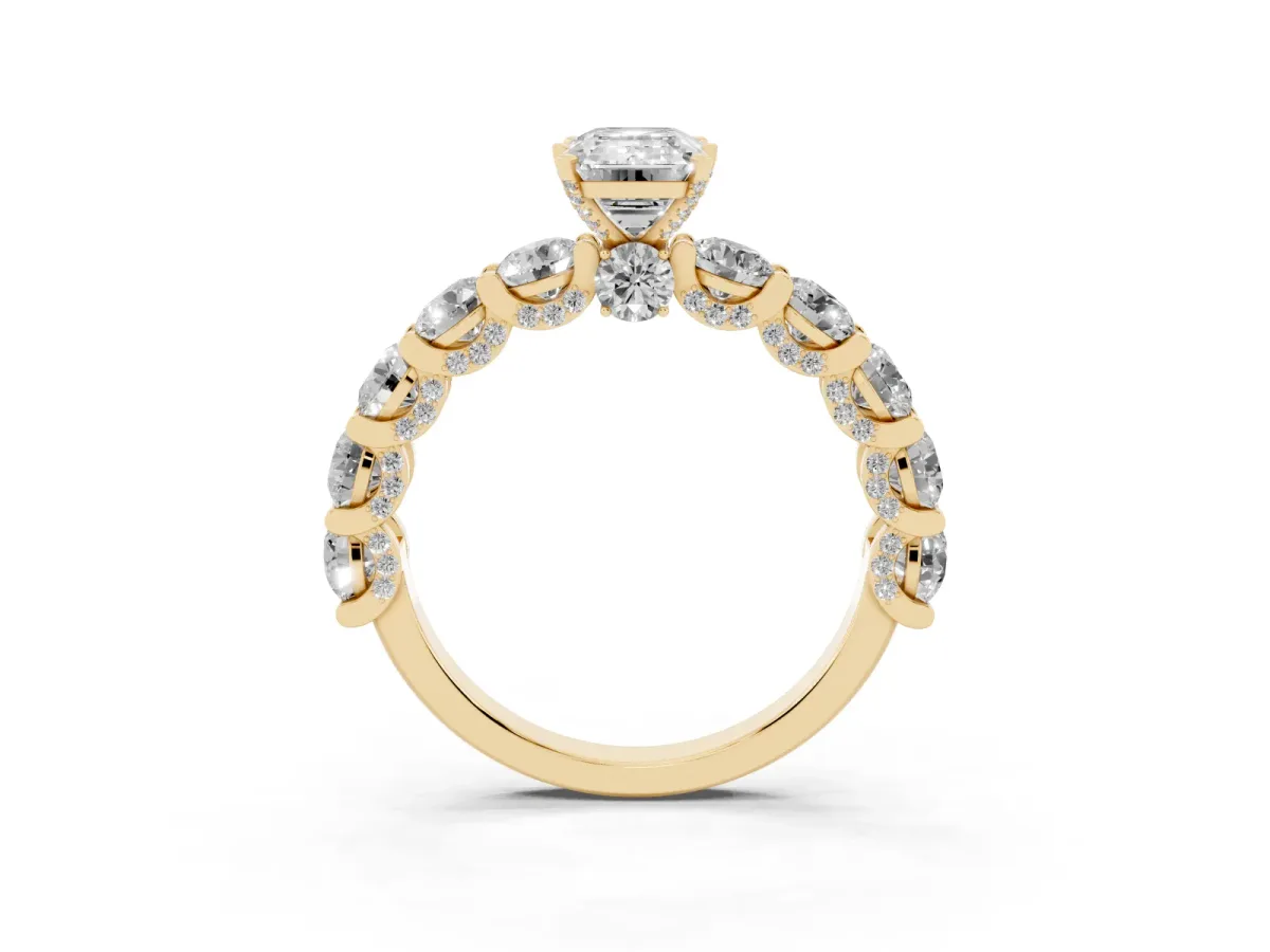 Emerald Cut Diamond Side Stone Engagement Ring with Four-Prong Setting Yellow gold