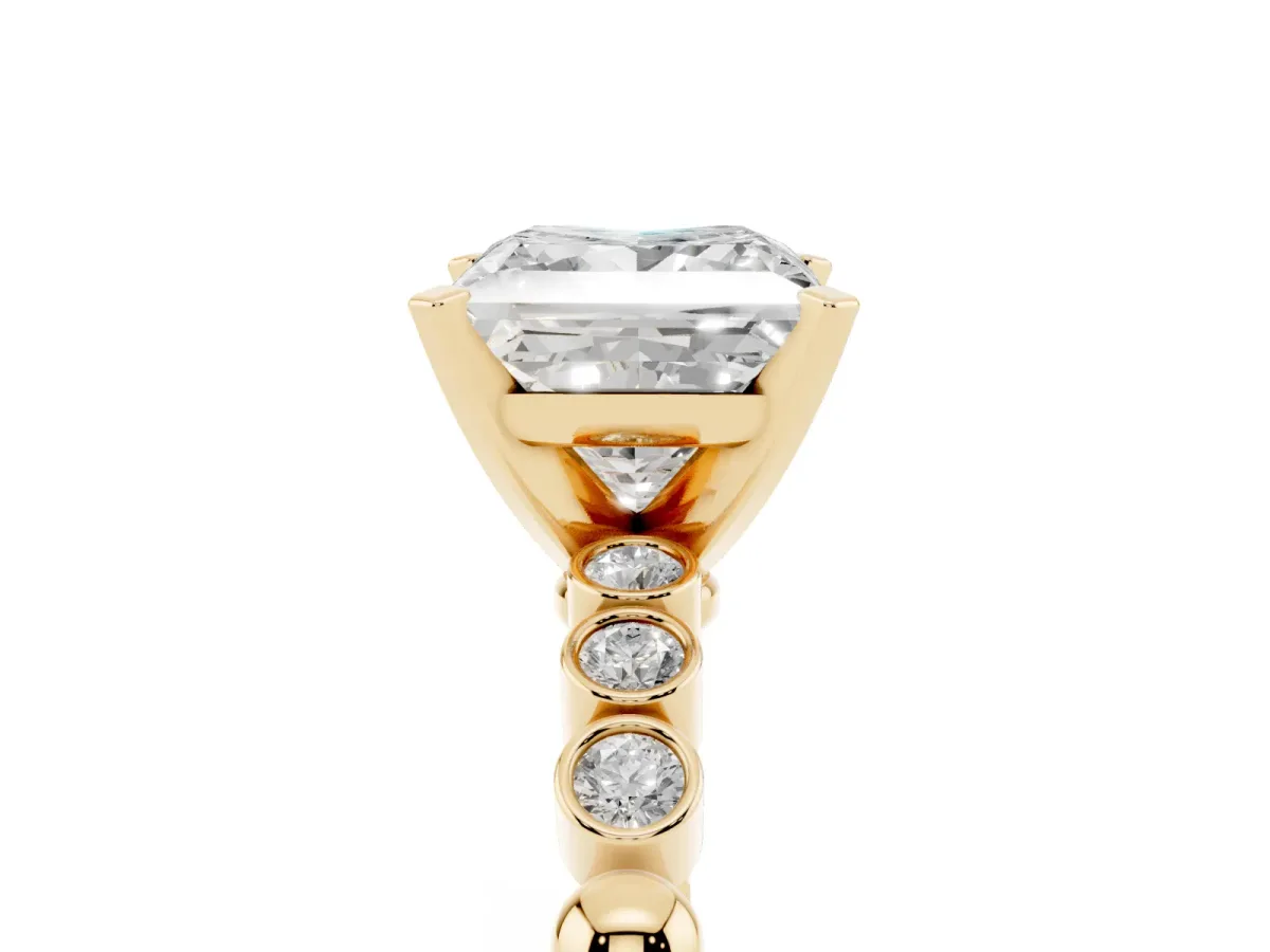 Princess Cut Solitaire Bezel Accent Diamond Engagement Ring with Beaded Band and Four-Prong Setting Yellow gold