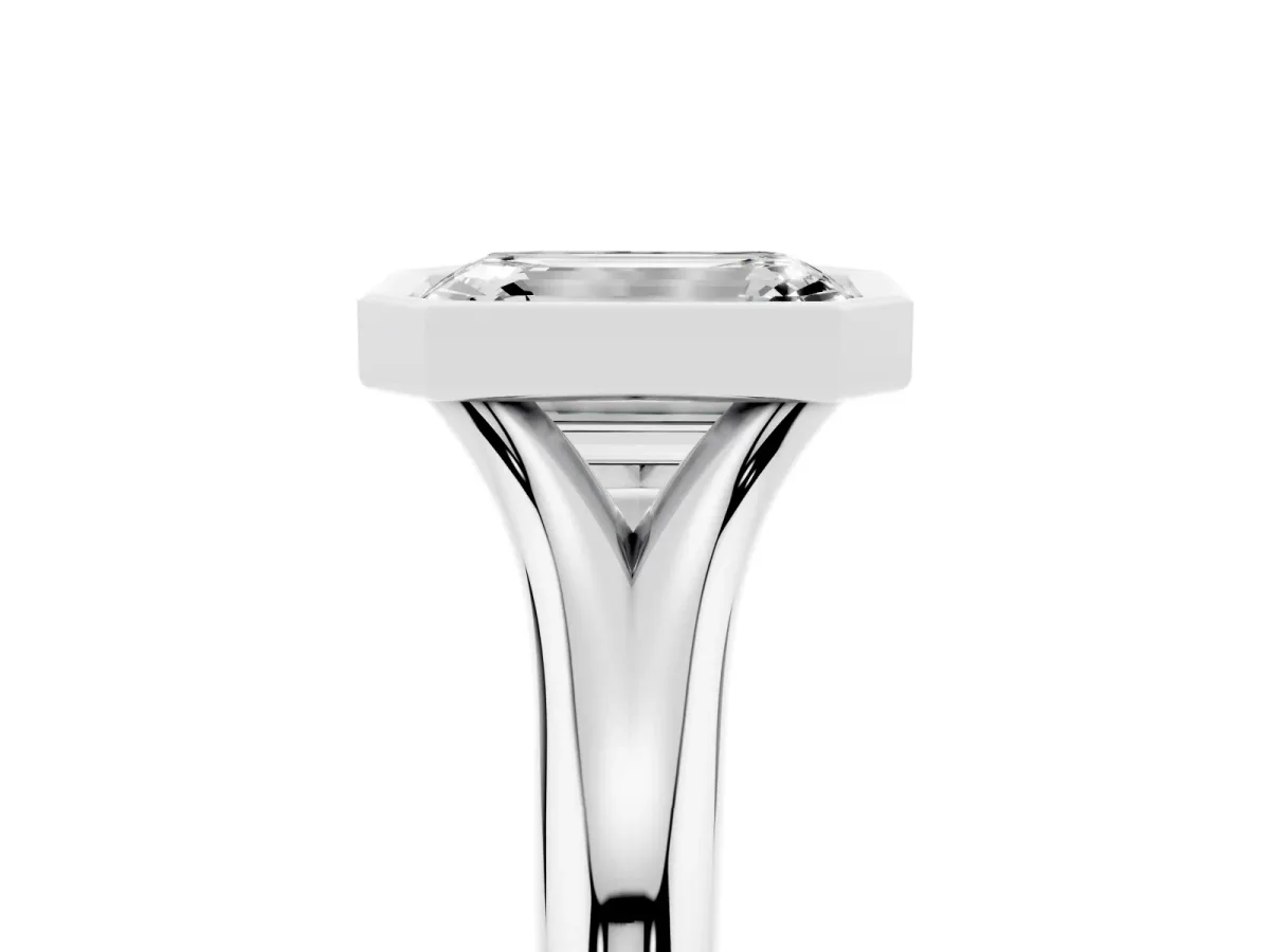 Bezel Set Emerald Cut Solitaire Diamond Ring with Smooth Band Silver