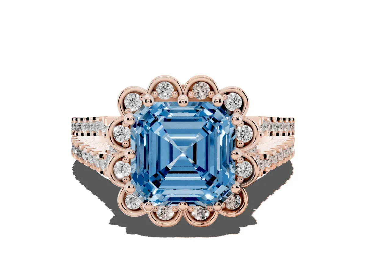 Fancy Blue Asscher Cut Halo Diamond Floral Split Shank Engagement Ring Rose gold