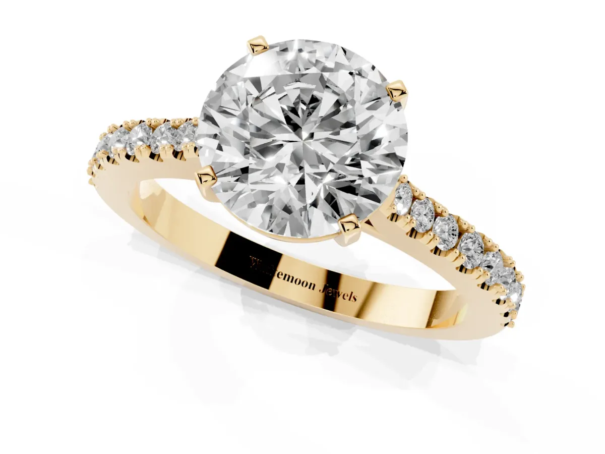 Round Cut Cut Solitaire Diamond Engagement Ring with Pave Band and Four-Prong Setting Yellow gold
