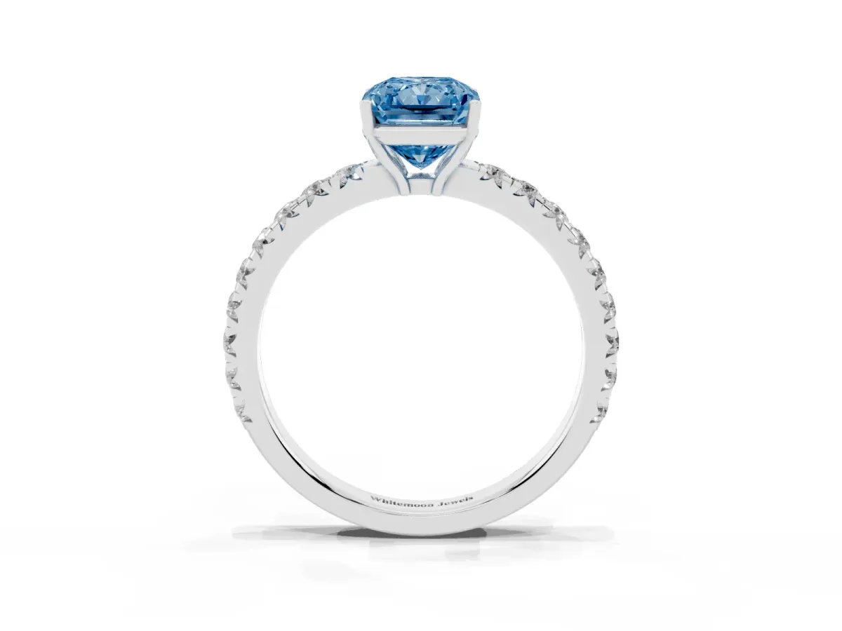 Fancy Blue Radiant Cut Diamond Pavé Solitaire Engagement Ring with Four-Prong Setting Silver