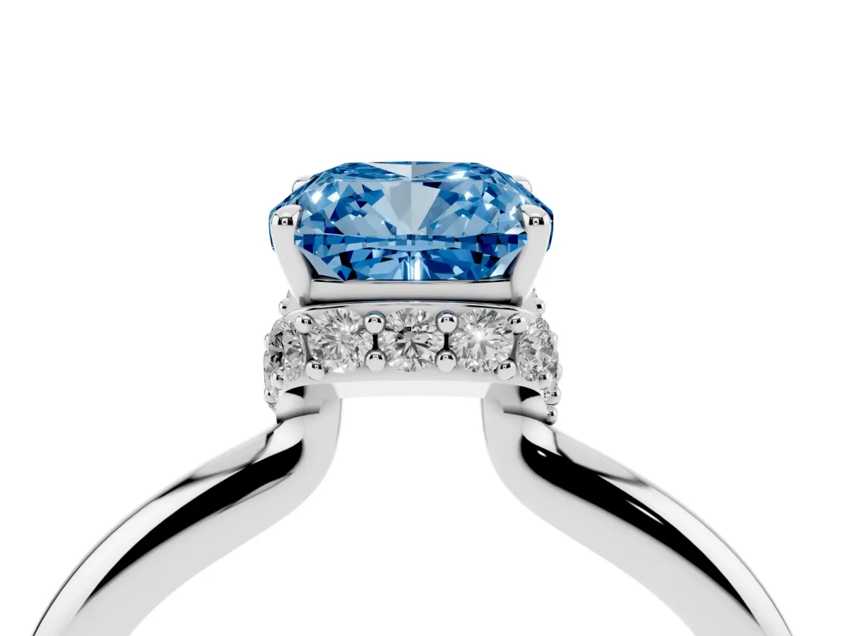 Fancy Blue Cushion Cut Brilliant Solitaire Engagement Ring with Six-Prong Setting and Classic Band White gold