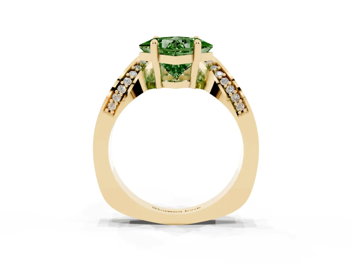 Fancy Green Princess Cut Solitaire Diamond Engagement Ring with Pave Band and Four-Prong Setting Yellow gold