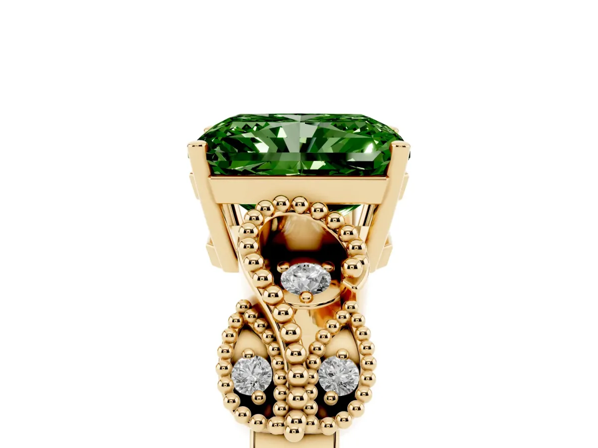 Fancy Green Radiant Cut Solitaire Milgrain Leaf Band with Prong Setting Yellow gold