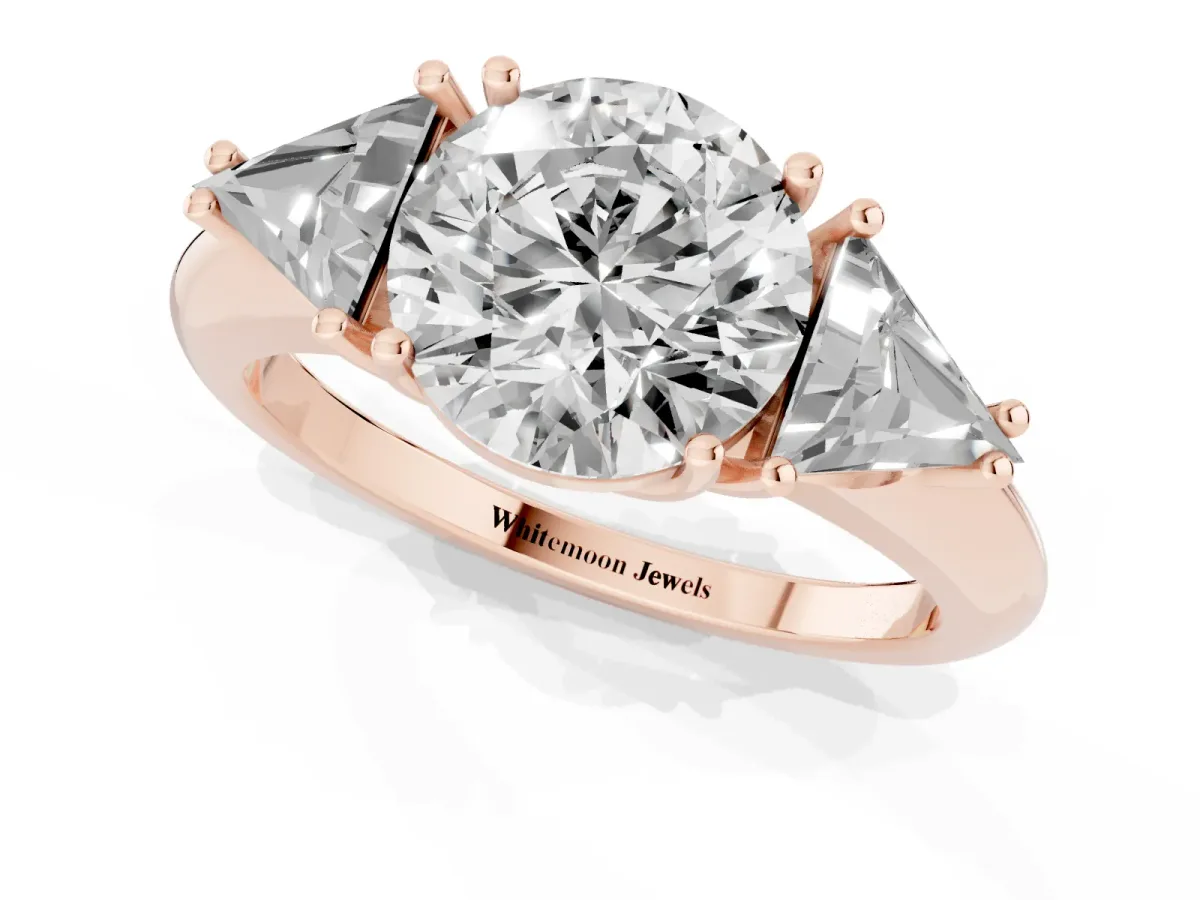 Three-Stone Round Cut Diamond Engagement Ring with Trillion Side Stones and Prong Setting Rose gold