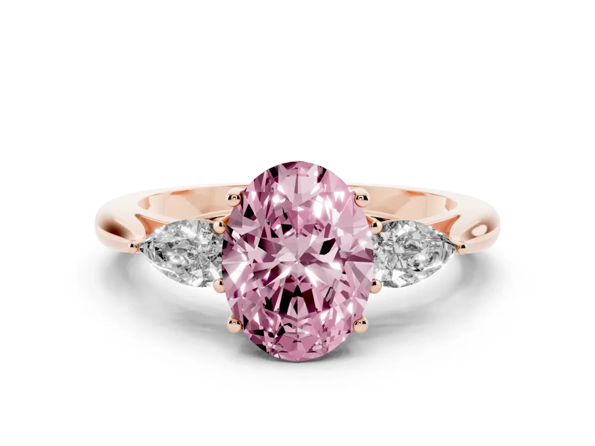 Fancy Pink Oval Cut Diamond Three-Stone Ring with Pear Side Stones and Prong Setting Rose gold
