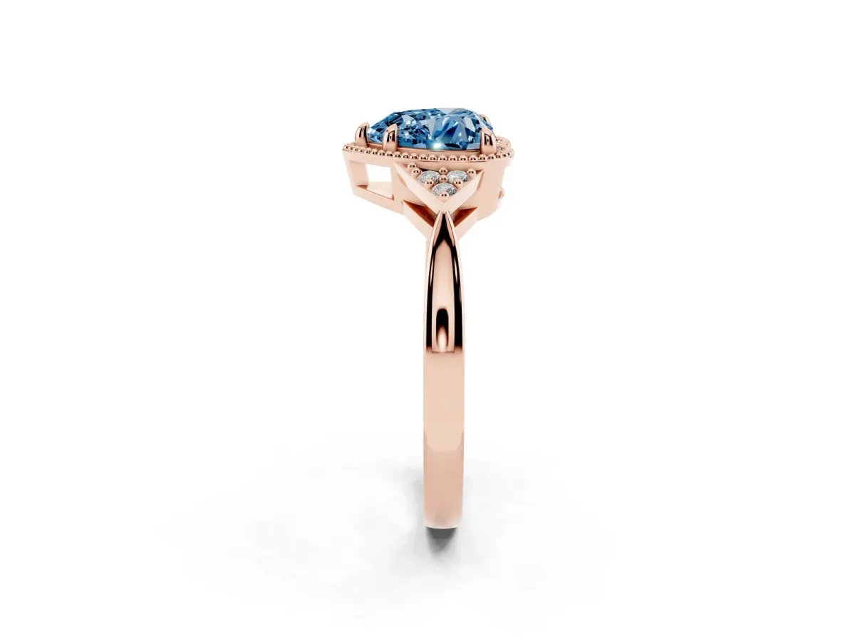 Fancy Blue Hexagonal Halo Heart Cut Diamond Solitaire with Pavé Band and Four-Prong Setting Rose gold