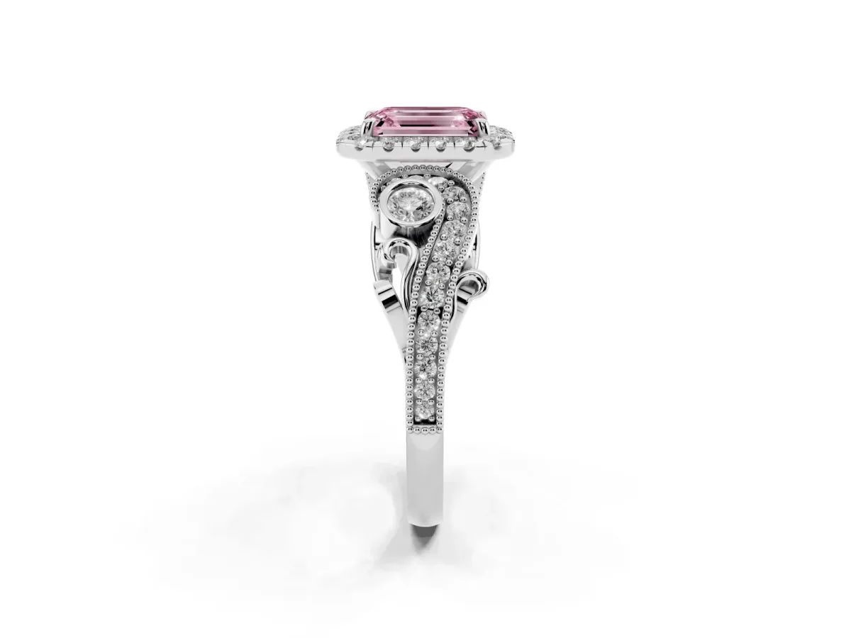 Fancy Pink Emerald Cut Diamond Halo Ring with Milgrain Pavé Band and Four-Prong Setting Platinum