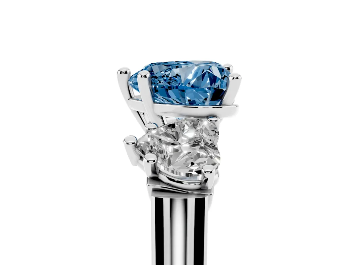 Fancy Blue Three-Stone Heart Cut Brilliant Diamond Trellis Ring with Comfort Fit Band Platinum